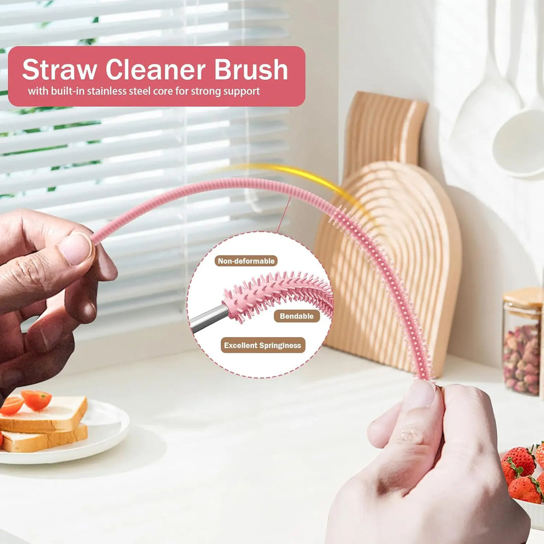 Silicone Straw Cleaner Brush with Bendable Steel