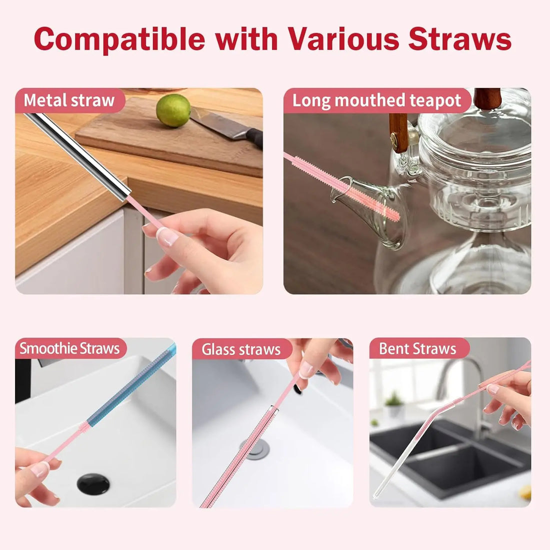 Silicone Straw Cleaner Brush with Bendable Steel