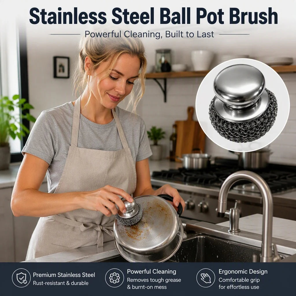 Steel Pot Brush with Handle Heavy Duty Dishwashing