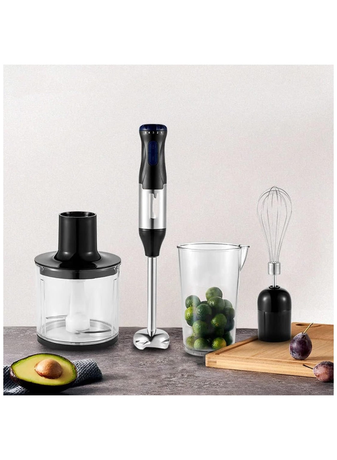 4-in-1 Hand Blender Set – 5-Speed, Turbo Mode, Stainless Steel Blades, BPA-Free with Whisk, 500ml Chopper & 700ml Cup for Smoothies, Soups, Sauces