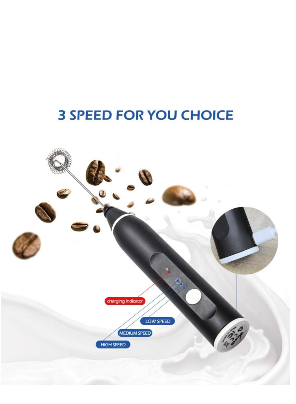 USB Rechargeable Handheld Electric Milk Frother with 3 Speeds