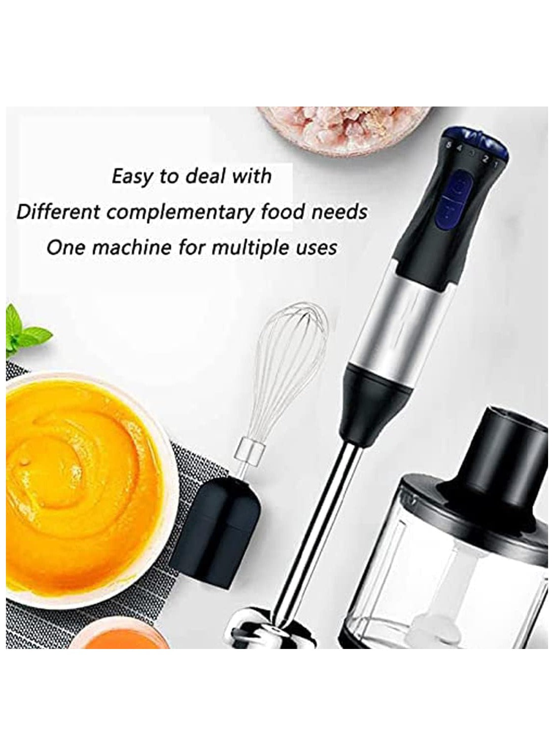 4-in-1 Hand Blender Set – 5-Speed, Turbo Mode, Stainless Steel Blades, BPA-Free with Whisk, 500ml Chopper & 700ml Cup for Smoothies, Soups, Sauces