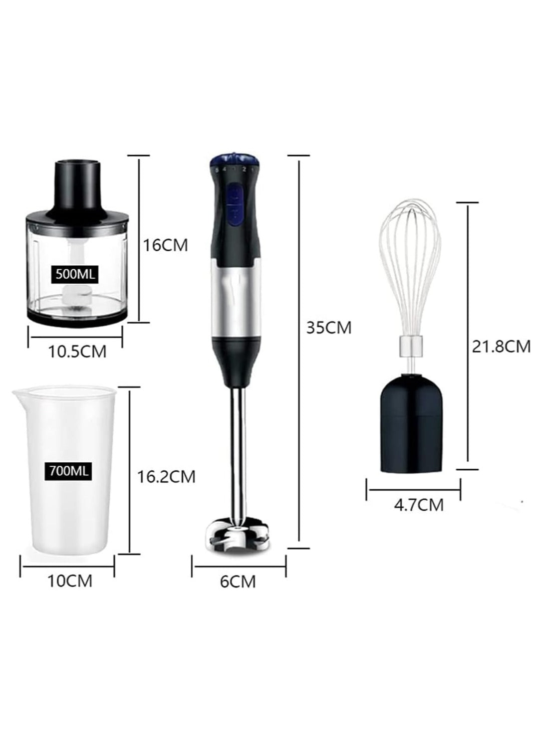 4-in-1 Hand Blender Set – 5-Speed, Turbo Mode, Stainless Steel Blades, BPA-Free with Whisk, 500ml Chopper & 700ml Cup for Smoothies, Soups, Sauces